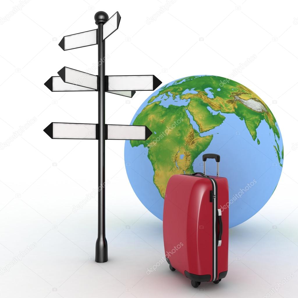 Travel concept. Signpost and suitcases on a globe background. 3d render illustration