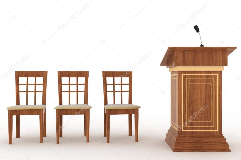 Wooden Rostrum Stand with Microphone and three chairs on a white background