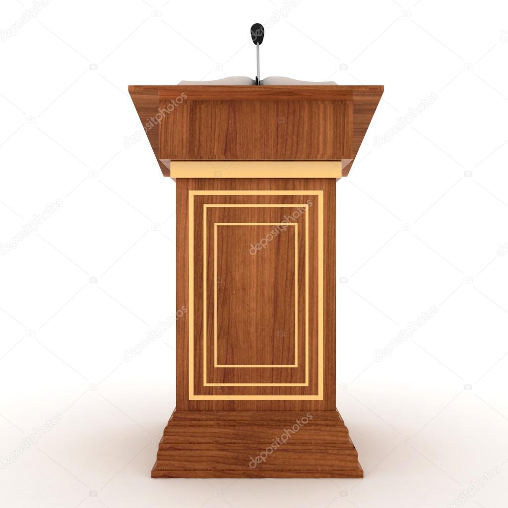 Wooden Rostrum Stand with Microphone  on a white background