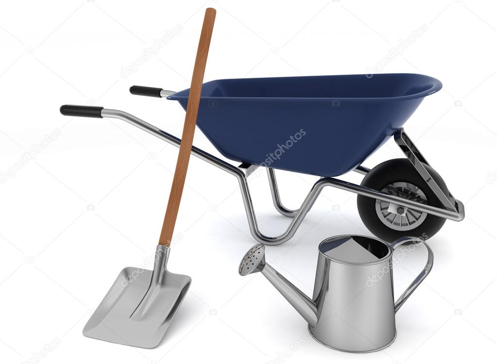 Garden tools. Garden wheelbarrow, watering can and a shovel