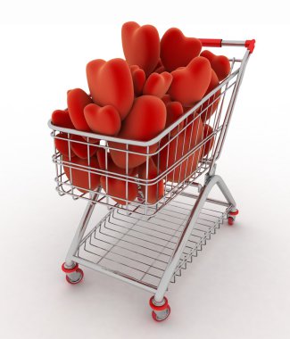 Süpermarket arabası kırmızı kalpler tam
