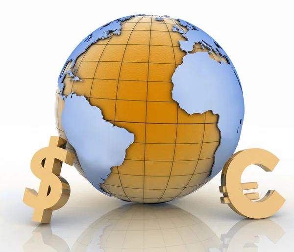 Globe 3d avec des symboles de monnaie d'or sur fond blanc — Photo