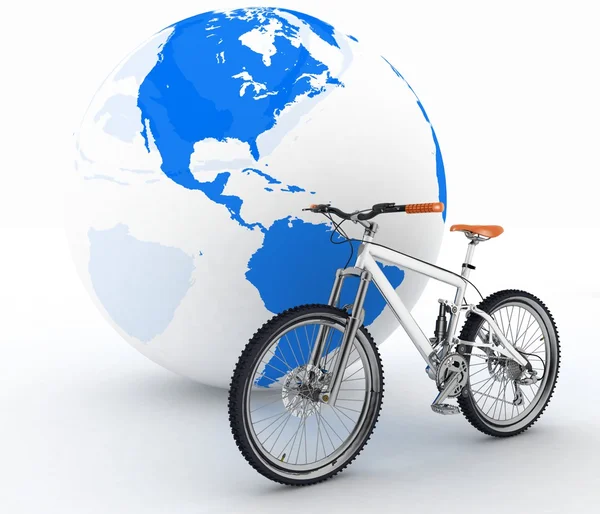Велосипед и глобус. Концепция туризма на экологическом транспорте — стоковое фото
