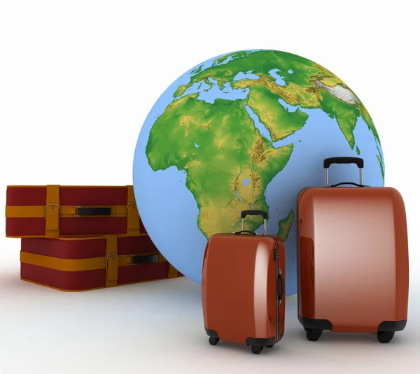 Suitcases for travel on the background of the globe — Stock Photo, Image