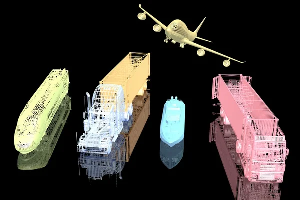 Rodzaje transportu. model 3D na czarnym tle — Zdjęcie stockowe