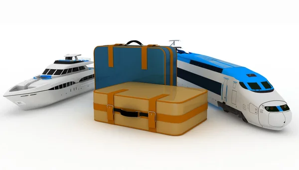 Suitcases with yacht and train. Conception of journey on a railway and sea — Stock Photo, Image