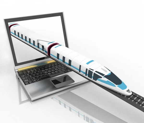 Zug kommt aus einem Laptop. 3D-Darstellung — Stockfoto