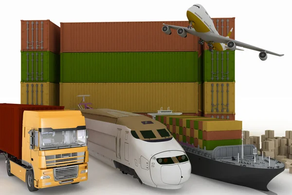 Typer av transporter för att transportera finns massor. 3D illustration på vit bakgrund — Stockfoto