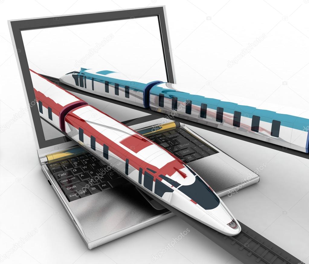 Trains coming out of a laptop. 3d render illustration