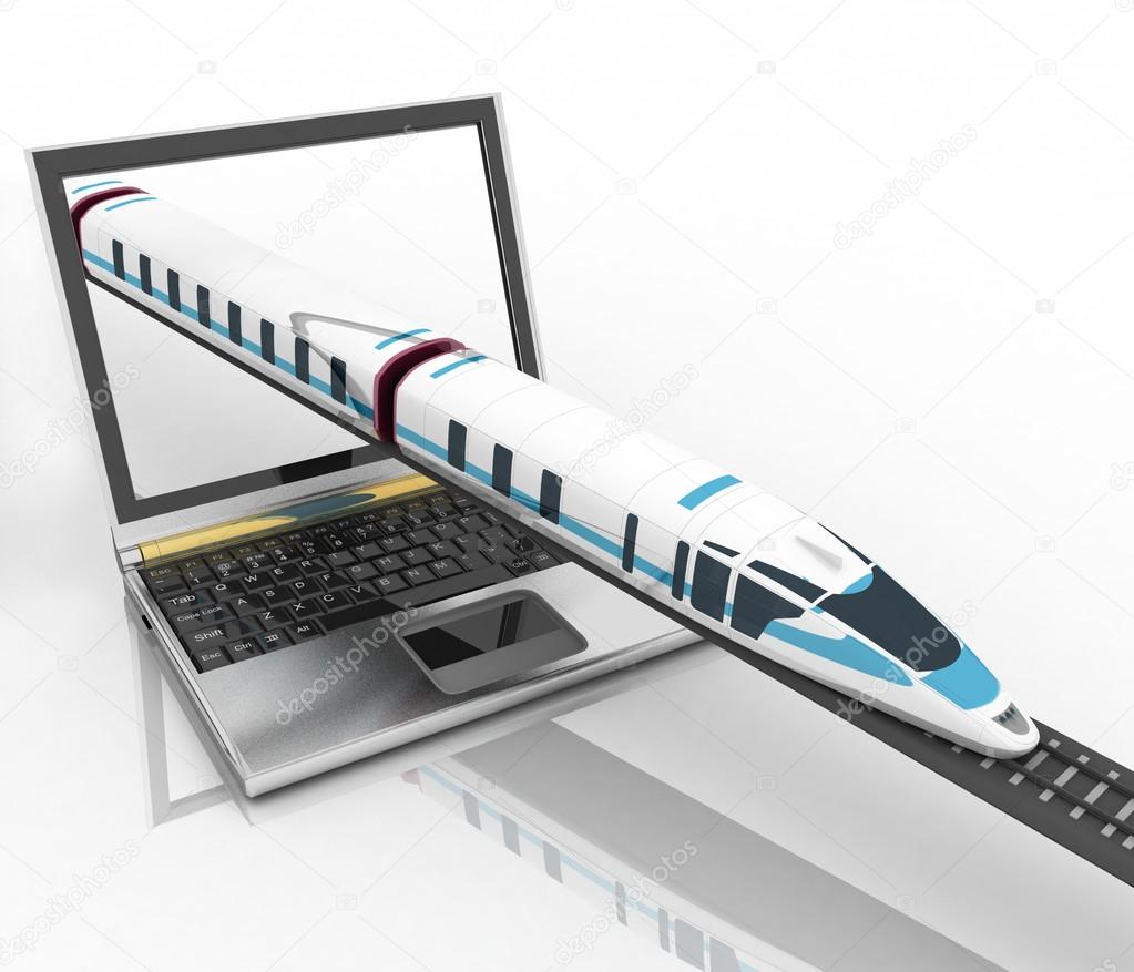 Train coming out of a laptop. 3d render illustration