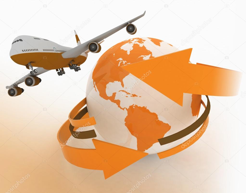 Passenger jet airplane travels around the world