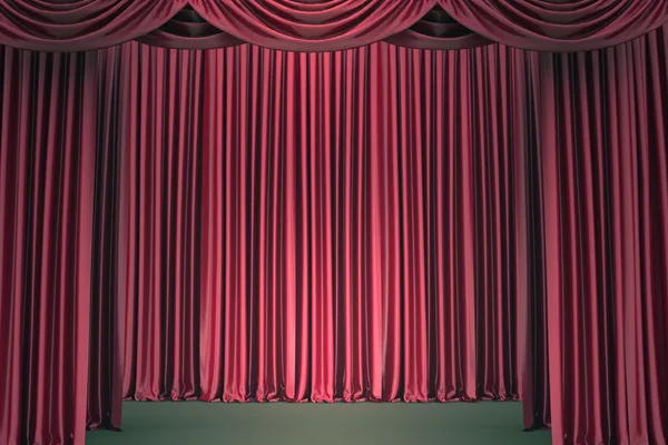 Rot schloss den Vorhang, beleuchtet von einem Scheinwerfer — Stockfoto