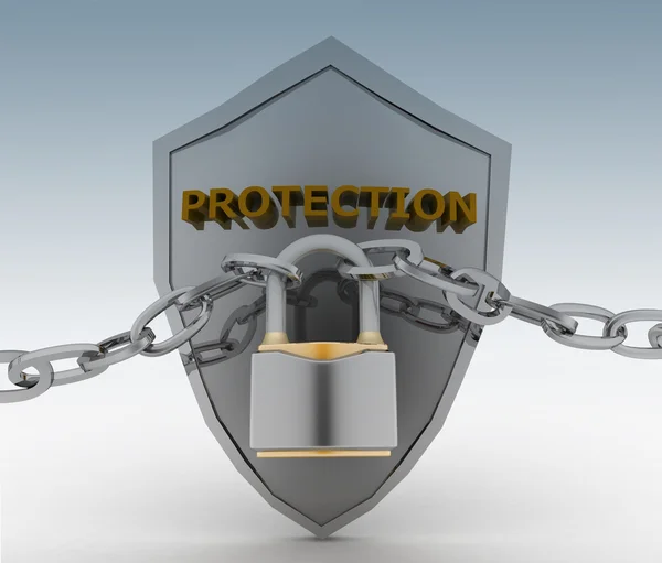 Chrome chain with a Padlock and Shield. Concept of protecting and security — Stock Photo, Image