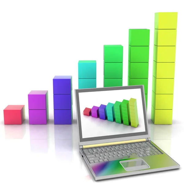 Laptop 3d com gráfico em um fundo de diagrama de negócios ilustração — Fotografia de Stock