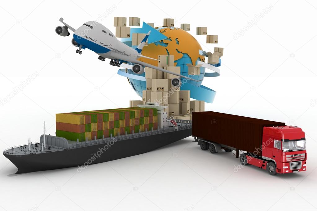 Cardboard boxes around globe, cargo ship, truck and plane. Concept of online goods orders worldwide