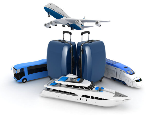 ресурсы трафика с чемоданом, 3D рендеринг иллюстрации на белом фоне
