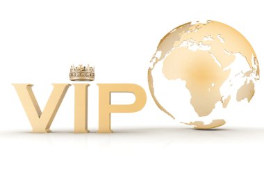 bir taç ile VIP kısaltması. Küre arka plan üzerinde 3D metin