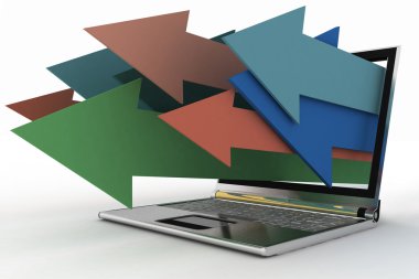 illustrazione 3D delle frecce che esce dal computer portatile su sfondo isolata
