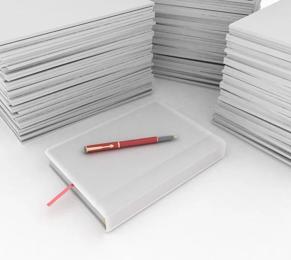 Big pile of paper, notebook and pen  on white background — Stock Photo, Image