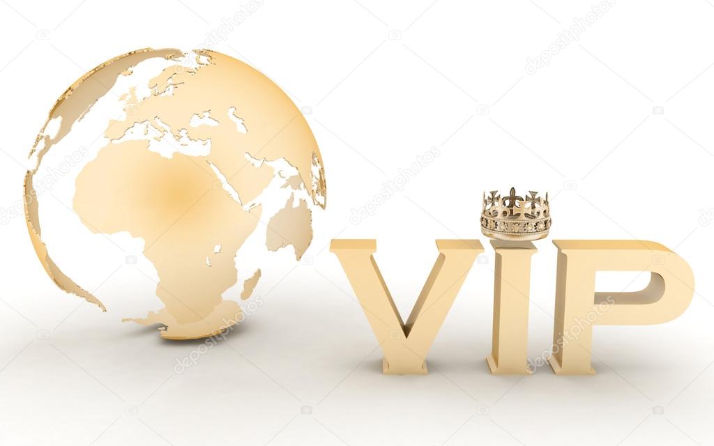 VIP abbreviation with a crown. 3D text on a globe background