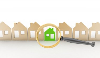 Büyüteç camı seçer veya bir eko-ev üst üste evlerin inceler. Ev arama residence, gayrimenkul yatırım, denetim kavramı.
