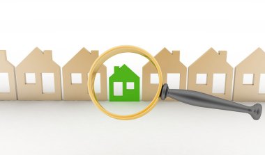 Büyüteç camı seçer veya bir eko-ev üst üste evlerin inceler. Ev arama residence, gayrimenkul yatırım, denetim kavramı.