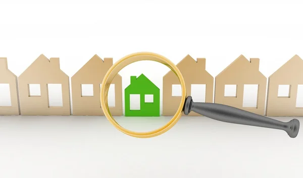 Magnifying glass selects or inspects a eco-home in a row of houses. Concept of search of house for residence, real estate investment, inspection. — Stock Photo, Image