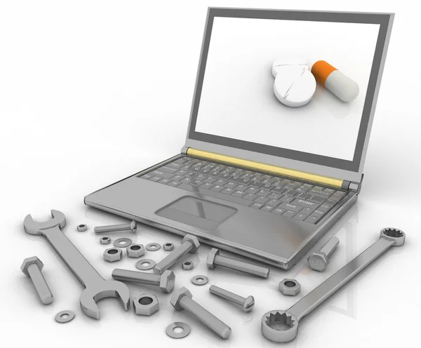 Ilustracja notebook z narzędzi i elementów złącznych szczegółów do naprawy — Zdjęcie stockowe