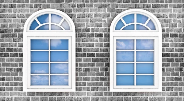 3D-Fenster an der Ziegelwand, in denen sich der Himmel spiegelt — Stockfoto