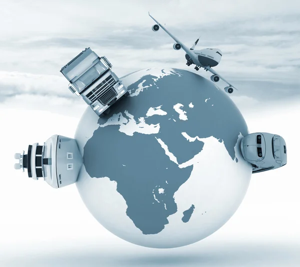 Types of transport on a globe in the sky background — Stock Photo, Image