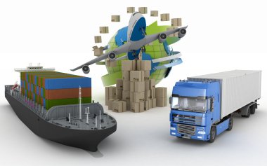 Küre, kargo gemisi, kamyon ve uçak çevresinde karton kutular. Dünya çapında çevrimiçi mal siparişleri kavramı