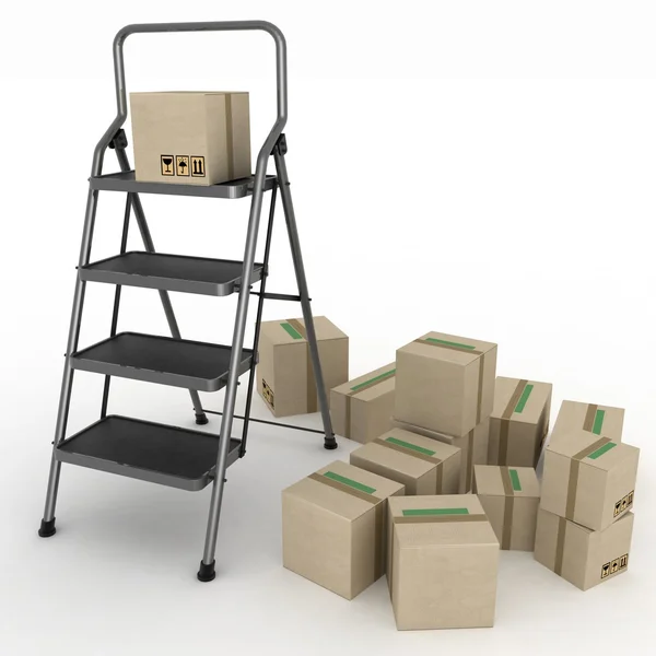 Cardboard boxes and ladder on white background — Stock Photo, Image
