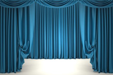 Open blue theater curtain. 3d illustration