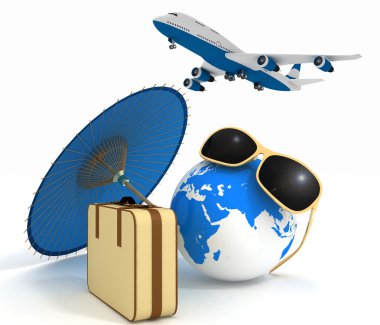 3D bavul, uçak, Küre ve şemsiye. Seyahat ve tatil kavramı. Modaya uygun işaretler - yaz ve yolculuk.