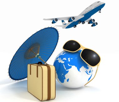 3D bavul, uçak, Küre ve şemsiye. Seyahat ve tatil kavramı. Modaya uygun işaretler - yaz ve yolculuk.