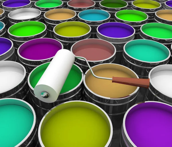 3d illustration of open buckets with a paint and roller — Stock Photo, Image
