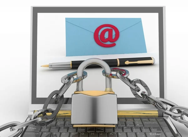 Laptop con lettere in arrivo tramite blocco protetto via email — Foto Stock