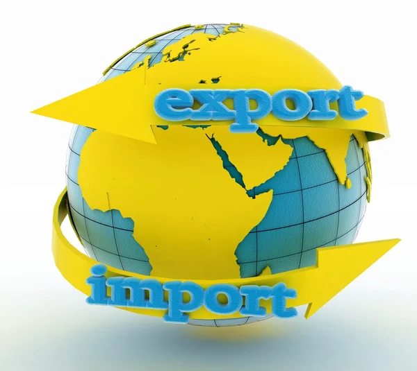 Importazione ed esportazione freccia intorno alla terra per affari. Concetto di direzione — Foto Stock