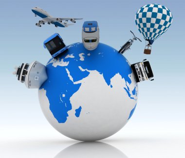 Types of transport on a globe. Concept of international tourism clipart