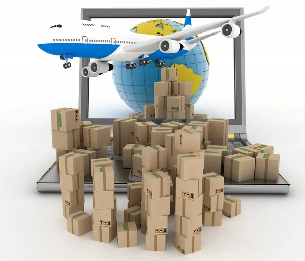 Cardboard boxes, globe on a laptop screen and airplane — Stock Photo, Image