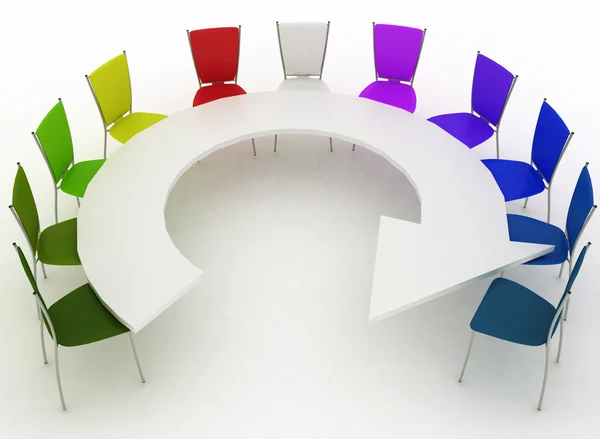 Group of chairs stands at a table as an arrow — Stock Photo, Image