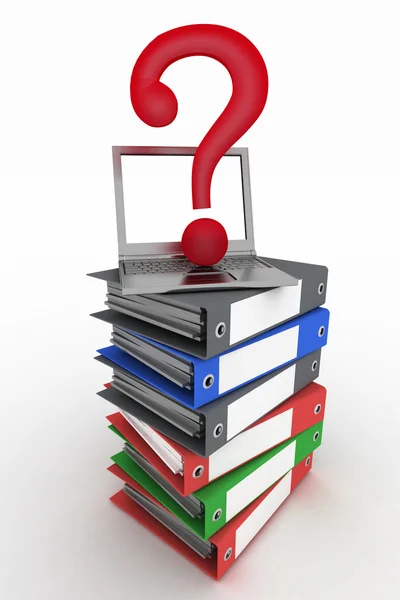 Colored office folders with question-mark on a laptop — Stock Photo, Image