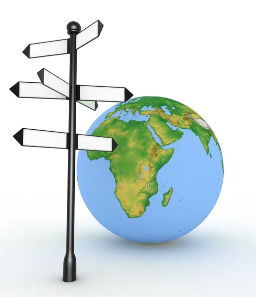 Direction sign with empty arrows and globe on white background — Stock Photo, Image