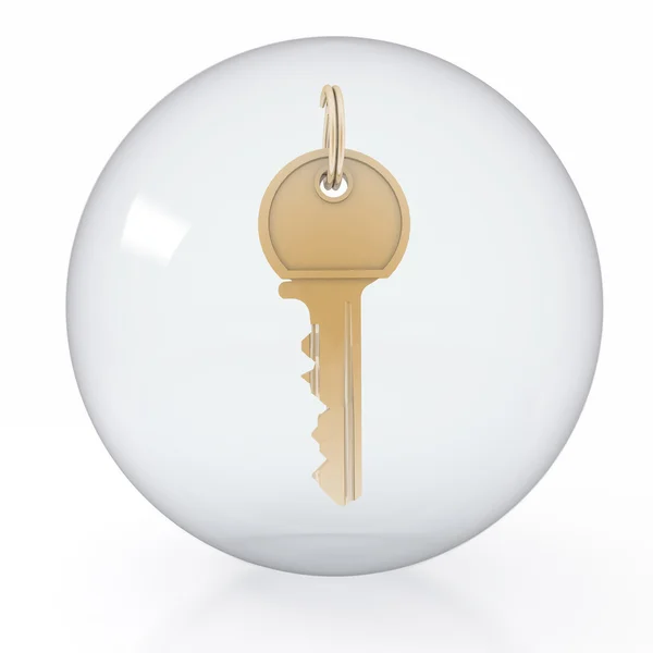 Иконка золотого ключа на прозрачном шаре на белом фоне — стоковое фото