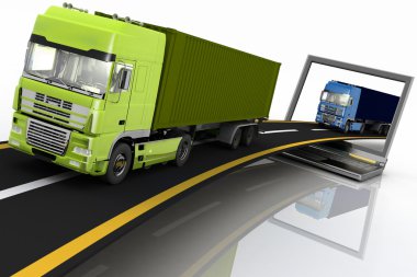 Kamyon karayolunda bir dizüstü bilgisayar dışarı geliyor. Lojistik kavramı
