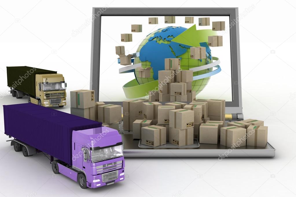 Cardboard boxes around the globe on a laptop screen and two trucks