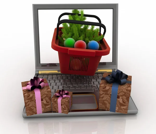 Computador portátil com cestas festivas de compras. Conceito de compras online de Natal — Fotografia de Stock