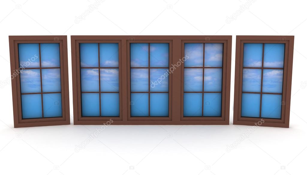 Closed plastic windows with blue sky and clouds