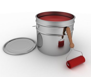 Açık kova kırmızı boya ve silindir ile. Beyaz arka plan üzerinde 3D render illüstrasyon.