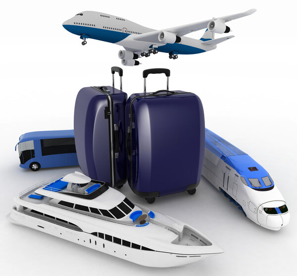 дорожные ресурсы с чемоданом. Трехмерное изображение на белом фоне
